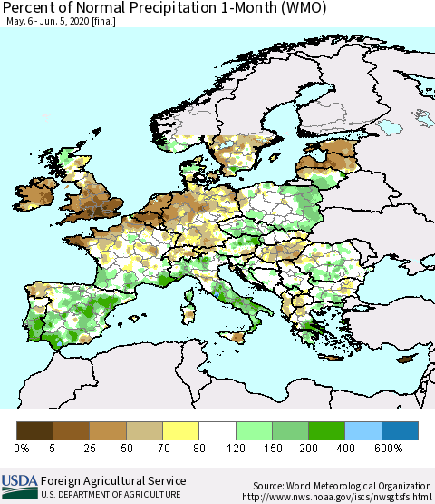 Europe Percent of Normal Precipitation 1-Month (WMO) Thematic Map For 5/6/2020 - 6/5/2020