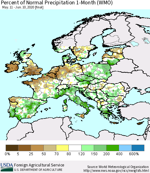 Europe Percent of Normal Precipitation 1-Month (WMO) Thematic Map For 5/11/2020 - 6/10/2020