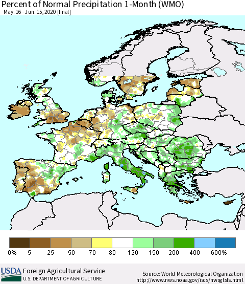 Europe Percent of Normal Precipitation 1-Month (WMO) Thematic Map For 5/16/2020 - 6/15/2020