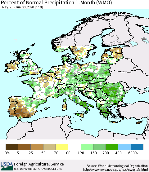 Europe Percent of Normal Precipitation 1-Month (WMO) Thematic Map For 5/21/2020 - 6/20/2020