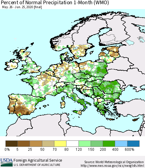 Europe Percent of Normal Precipitation 1-Month (WMO) Thematic Map For 5/26/2020 - 6/25/2020