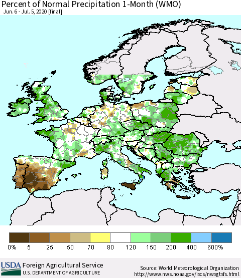 Europe Percent of Normal Precipitation 1-Month (WMO) Thematic Map For 6/6/2020 - 7/5/2020