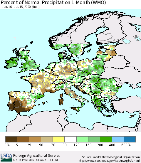 Europe Percent of Normal Precipitation 1-Month (WMO) Thematic Map For 6/16/2020 - 7/15/2020