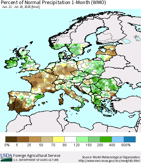 Europe Percent of Normal Precipitation 1-Month (WMO) Thematic Map For 6/21/2020 - 7/20/2020