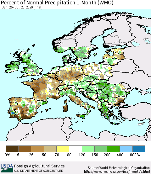 Europe Percent of Normal Precipitation 1-Month (WMO) Thematic Map For 6/26/2020 - 7/25/2020