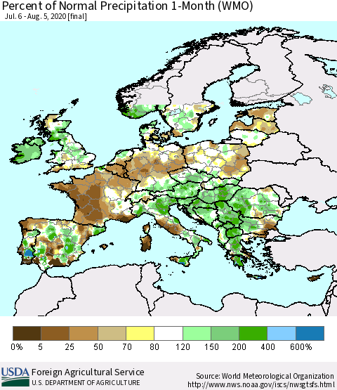 Europe Percent of Normal Precipitation 1-Month (WMO) Thematic Map For 7/6/2020 - 8/5/2020