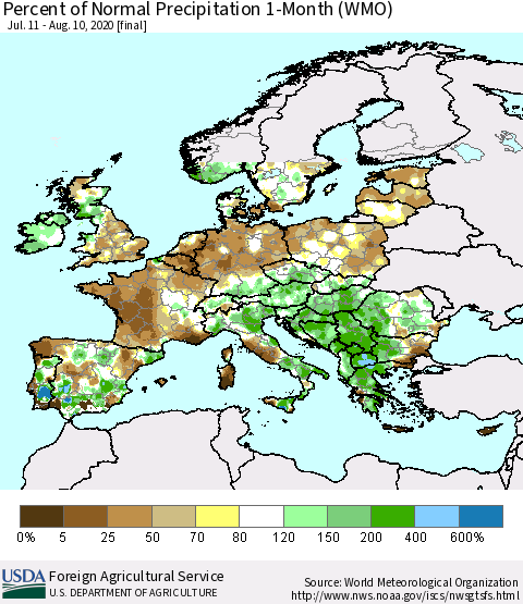 Europe Percent of Normal Precipitation 1-Month (WMO) Thematic Map For 7/11/2020 - 8/10/2020