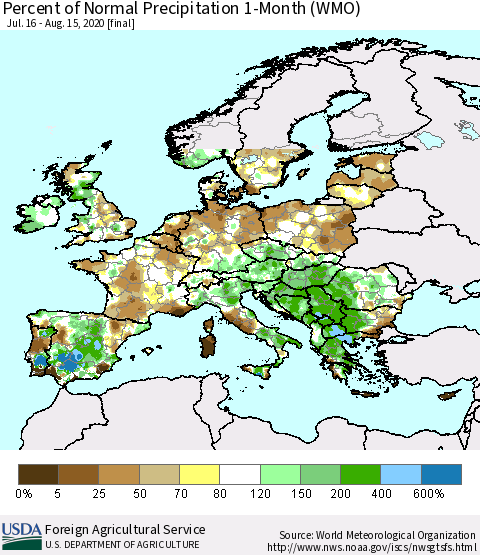 Europe Percent of Normal Precipitation 1-Month (WMO) Thematic Map For 7/16/2020 - 8/15/2020