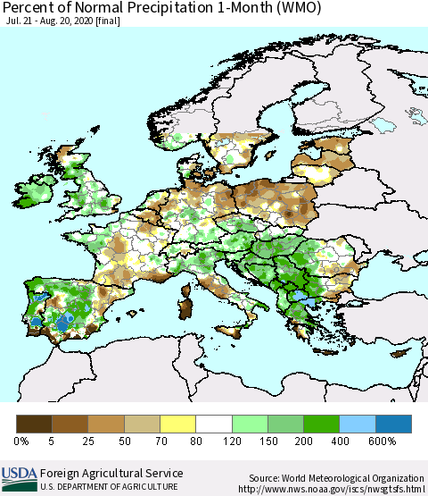 Europe Percent of Normal Precipitation 1-Month (WMO) Thematic Map For 7/21/2020 - 8/20/2020