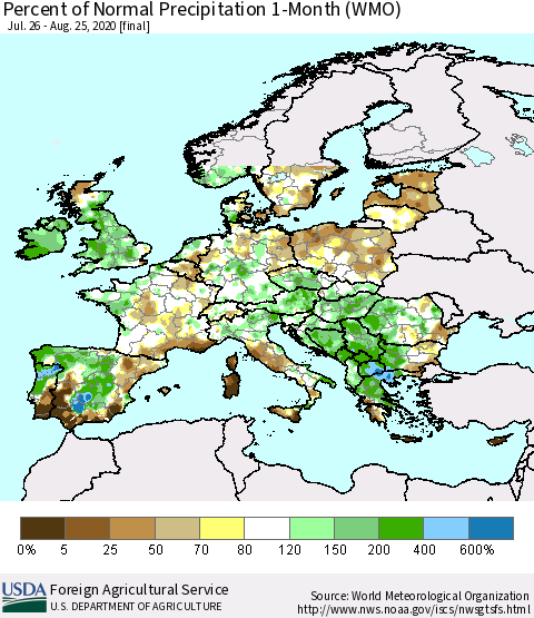 Europe Percent of Normal Precipitation 1-Month (WMO) Thematic Map For 7/26/2020 - 8/25/2020