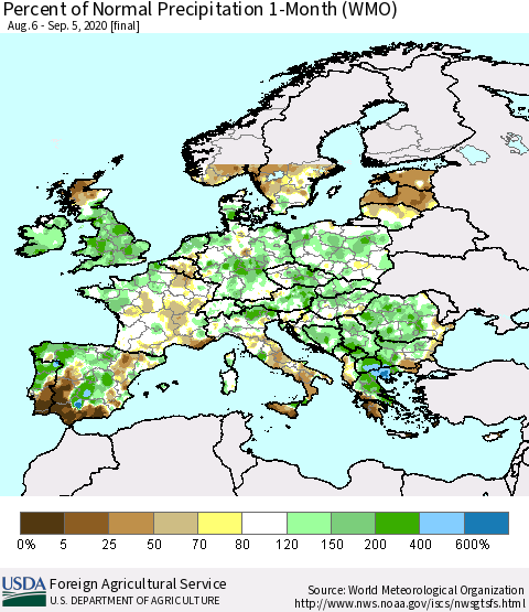 Europe Percent of Normal Precipitation 1-Month (WMO) Thematic Map For 8/6/2020 - 9/5/2020