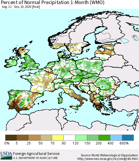 Europe Percent of Normal Precipitation 1-Month (WMO) Thematic Map For 8/11/2020 - 9/10/2020