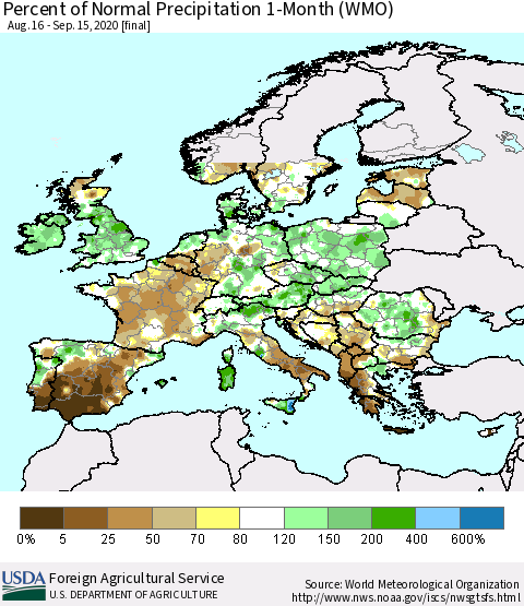 Europe Percent of Normal Precipitation 1-Month (WMO) Thematic Map For 8/16/2020 - 9/15/2020