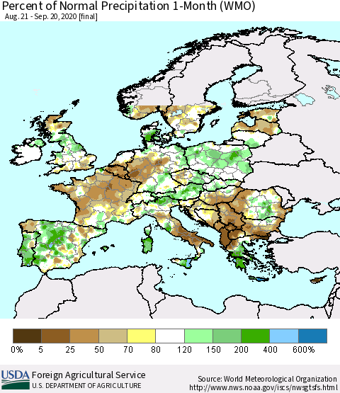 Europe Percent of Normal Precipitation 1-Month (WMO) Thematic Map For 8/21/2020 - 9/20/2020