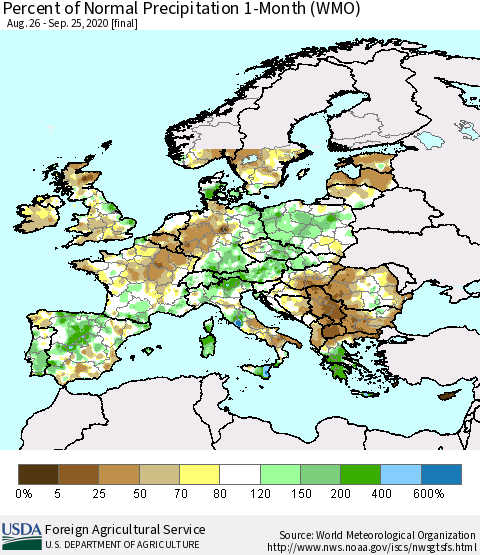 Europe Percent of Normal Precipitation 1-Month (WMO) Thematic Map For 8/26/2020 - 9/25/2020