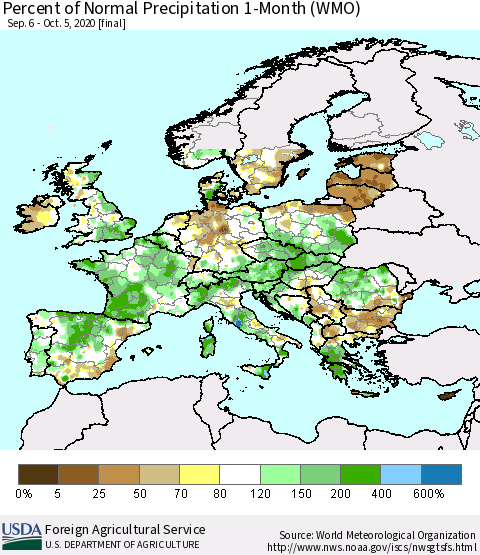 Europe Percent of Normal Precipitation 1-Month (WMO) Thematic Map For 9/6/2020 - 10/5/2020