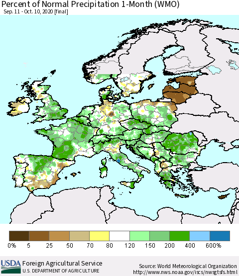 Europe Percent of Normal Precipitation 1-Month (WMO) Thematic Map For 9/11/2020 - 10/10/2020