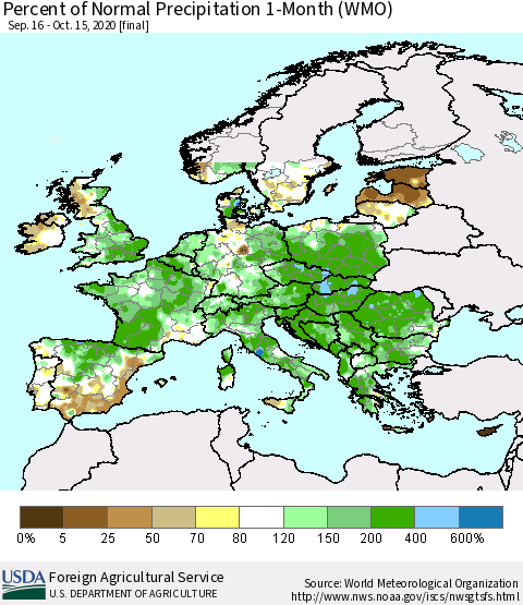 Europe Percent of Normal Precipitation 1-Month (WMO) Thematic Map For 9/16/2020 - 10/15/2020
