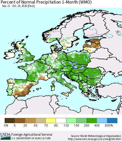 Europe Percent of Normal Precipitation 1-Month (WMO) Thematic Map For 9/21/2020 - 10/20/2020