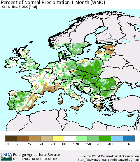 Europe Percent of Normal Precipitation 1-Month (WMO) Thematic Map For 10/6/2020 - 11/5/2020