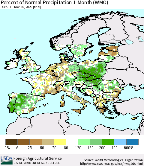 Europe Percent of Normal Precipitation 1-Month (WMO) Thematic Map For 10/11/2020 - 11/10/2020