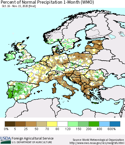 Europe Percent of Normal Precipitation 1-Month (WMO) Thematic Map For 10/16/2020 - 11/15/2020