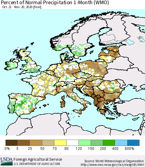 Europe Percent of Normal Precipitation 1-Month (WMO) Thematic Map For 10/21/2020 - 11/20/2020
