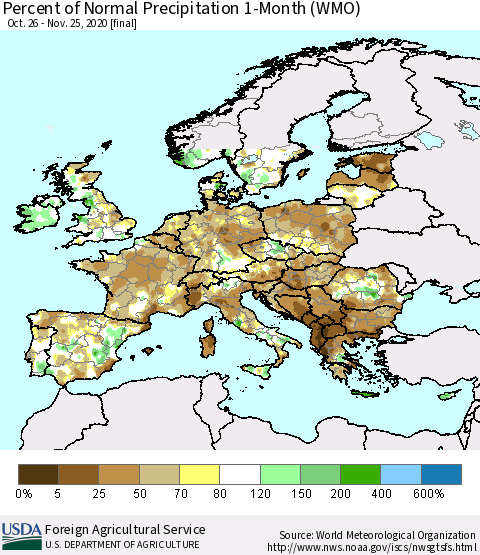 Europe Percent of Normal Precipitation 1-Month (WMO) Thematic Map For 10/26/2020 - 11/25/2020