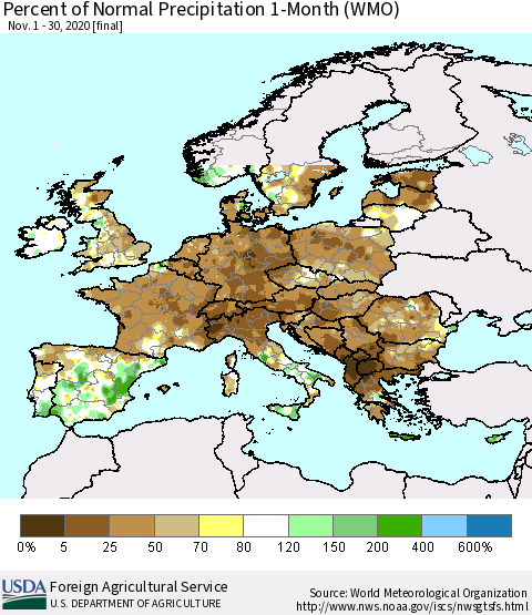 Europe Percent of Normal Precipitation 1-Month (WMO) Thematic Map For 11/1/2020 - 11/30/2020