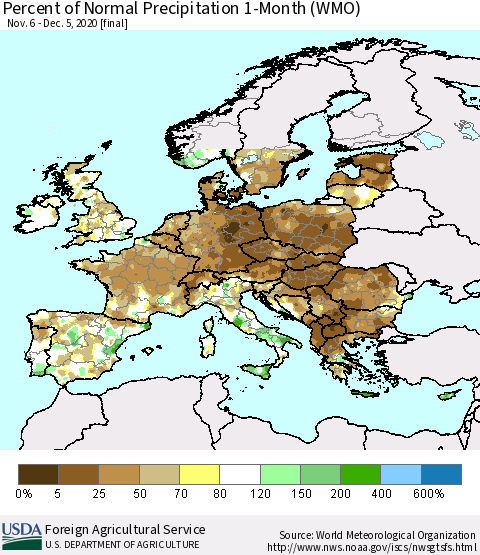 Europe Percent of Normal Precipitation 1-Month (WMO) Thematic Map For 11/6/2020 - 12/5/2020