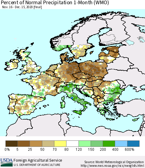 Europe Percent of Normal Precipitation 1-Month (WMO) Thematic Map For 11/16/2020 - 12/15/2020