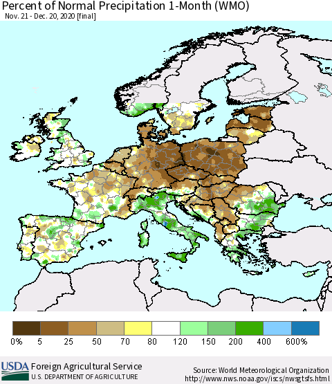 Europe Percent of Normal Precipitation 1-Month (WMO) Thematic Map For 11/21/2020 - 12/20/2020