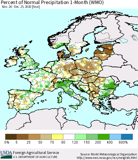 Europe Percent of Normal Precipitation 1-Month (WMO) Thematic Map For 11/26/2020 - 12/25/2020