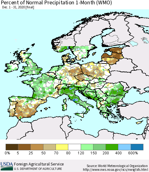 Europe Percent of Normal Precipitation 1-Month (WMO) Thematic Map For 12/1/2020 - 12/31/2020