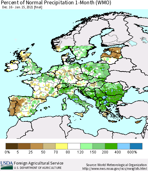 Europe Percent of Normal Precipitation 1-Month (WMO) Thematic Map For 12/16/2020 - 1/15/2021