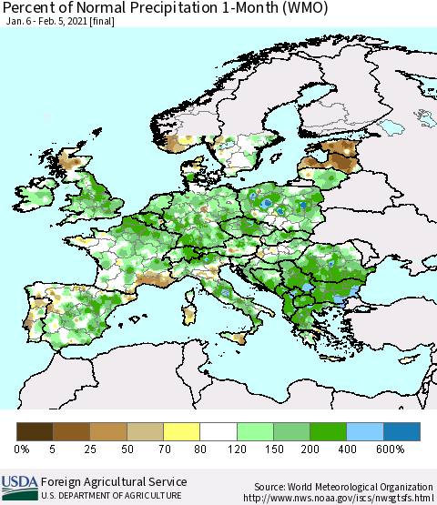 Europe Percent of Normal Precipitation 1-Month (WMO) Thematic Map For 1/6/2021 - 2/5/2021