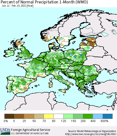 Europe Percent of Normal Precipitation 1-Month (WMO) Thematic Map For 1/11/2021 - 2/10/2021