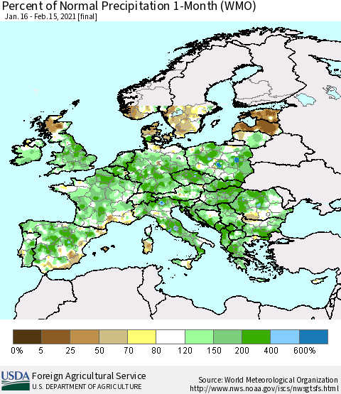 Europe Percent of Normal Precipitation 1-Month (WMO) Thematic Map For 1/16/2021 - 2/15/2021