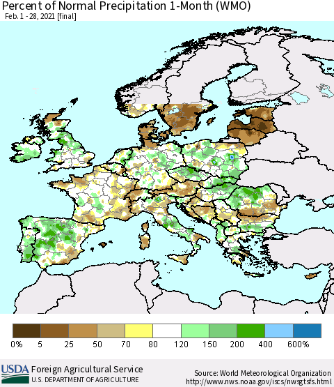 Europe Percent of Normal Precipitation 1-Month (WMO) Thematic Map For 2/1/2021 - 2/28/2021