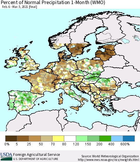 Europe Percent of Normal Precipitation 1-Month (WMO) Thematic Map For 2/6/2021 - 3/5/2021