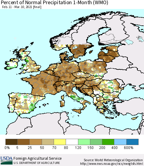 Europe Percent of Normal Precipitation 1-Month (WMO) Thematic Map For 2/11/2021 - 3/10/2021