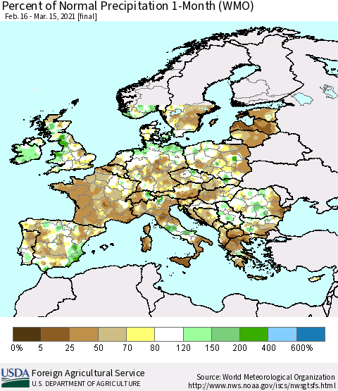 Europe Percent of Normal Precipitation 1-Month (WMO) Thematic Map For 2/16/2021 - 3/15/2021