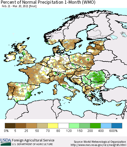 Europe Percent of Normal Precipitation 1-Month (WMO) Thematic Map For 2/21/2021 - 3/20/2021
