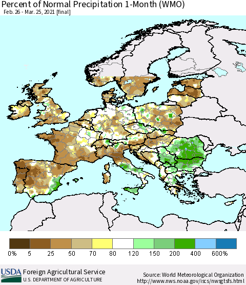 Europe Percent of Normal Precipitation 1-Month (WMO) Thematic Map For 2/26/2021 - 3/25/2021