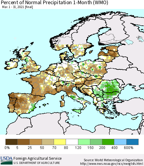 Europe Percent of Normal Precipitation 1-Month (WMO) Thematic Map For 3/1/2021 - 3/31/2021