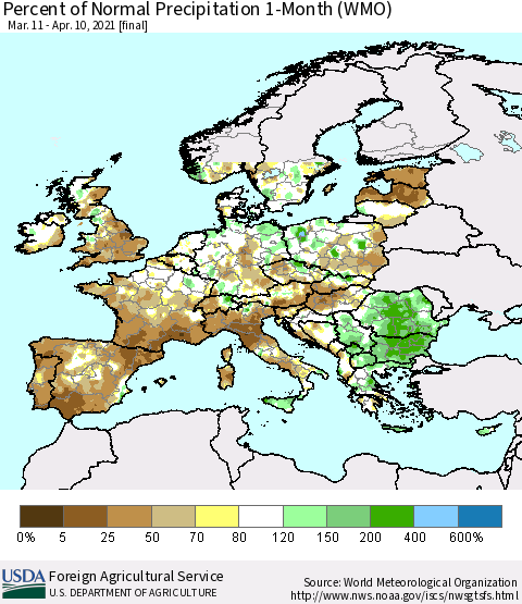 Europe Percent of Normal Precipitation 1-Month (WMO) Thematic Map For 3/11/2021 - 4/10/2021