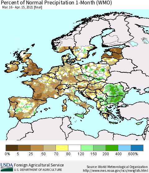 Europe Percent of Normal Precipitation 1-Month (WMO) Thematic Map For 3/16/2021 - 4/15/2021