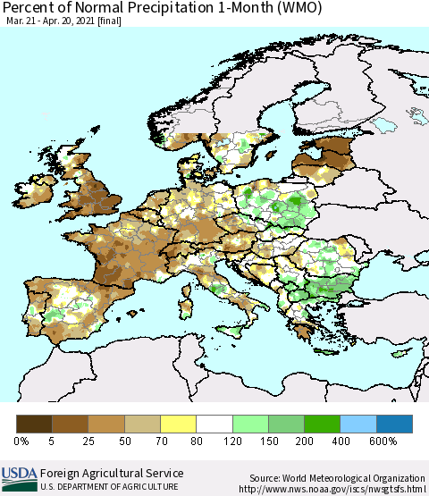 Europe Percent of Normal Precipitation 1-Month (WMO) Thematic Map For 3/21/2021 - 4/20/2021