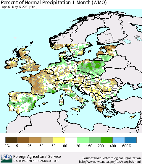 Europe Percent of Normal Precipitation 1-Month (WMO) Thematic Map For 4/6/2021 - 5/5/2021