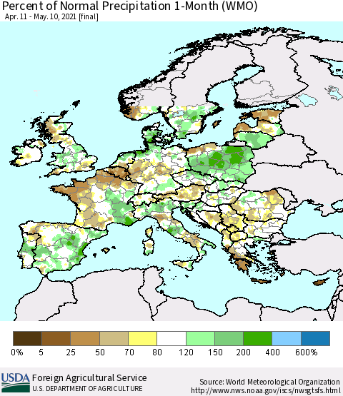Europe Percent of Normal Precipitation 1-Month (WMO) Thematic Map For 4/11/2021 - 5/10/2021